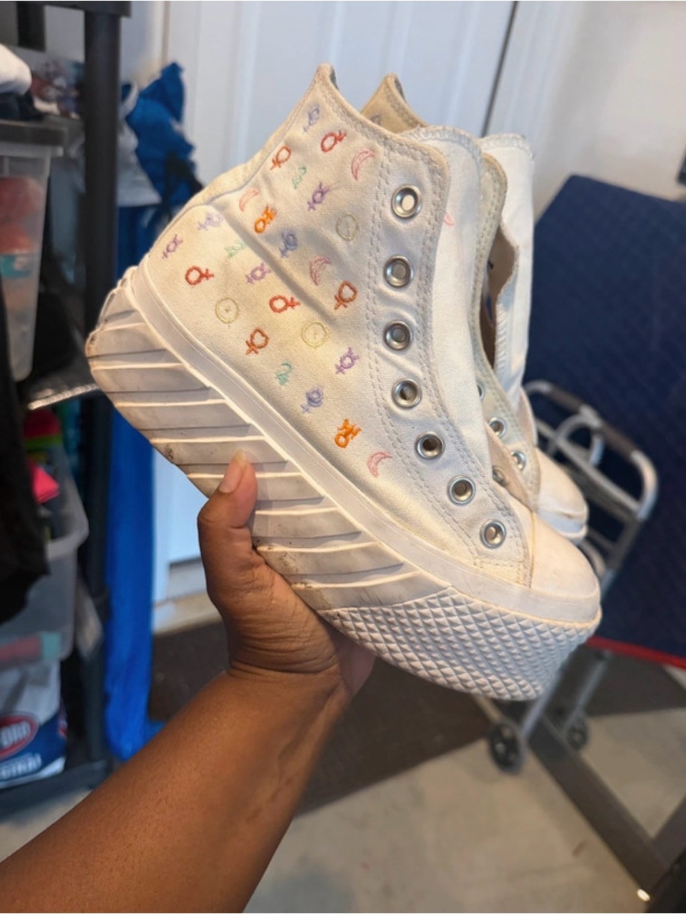 Kids White Platform High-Top Converse with Multicolor Icons